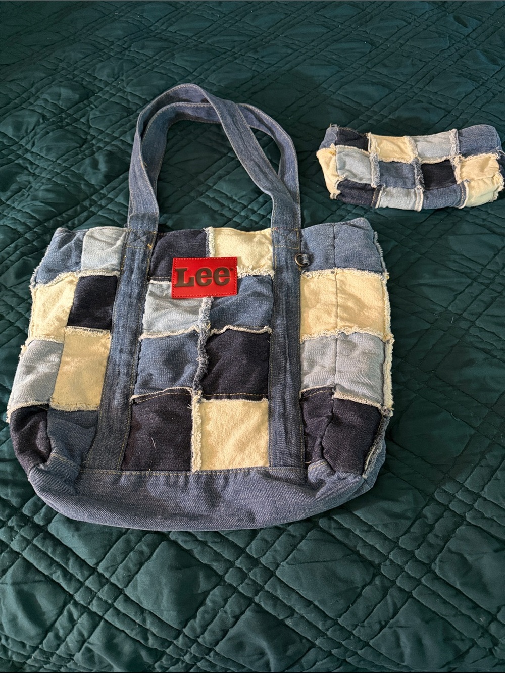 Lee Patchwork Denim Tote with Matching  cosmetics case different shades of blue